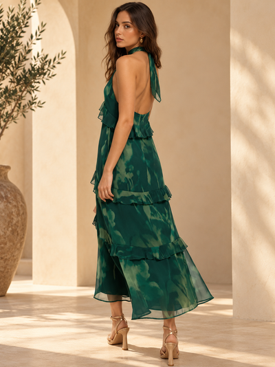 High Neck Ruffle Halter Maxi Dress in emerald green tie-dye with tiered ruffles and backless silhouette.