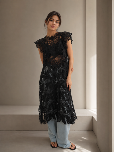 Butterfly Cutout Hollow Out Midi Dress in black lace with scalloped edges and floral motif, shown on model.