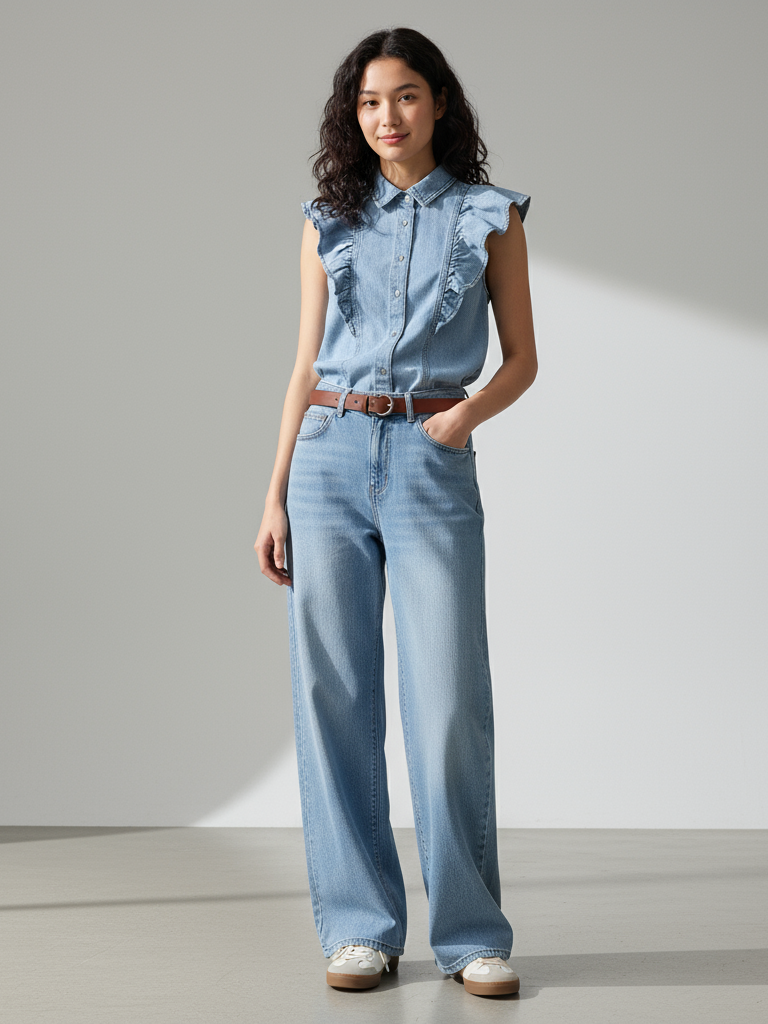 SLeeveless Denim Ruffle Top & Pants Coord Set with Belt