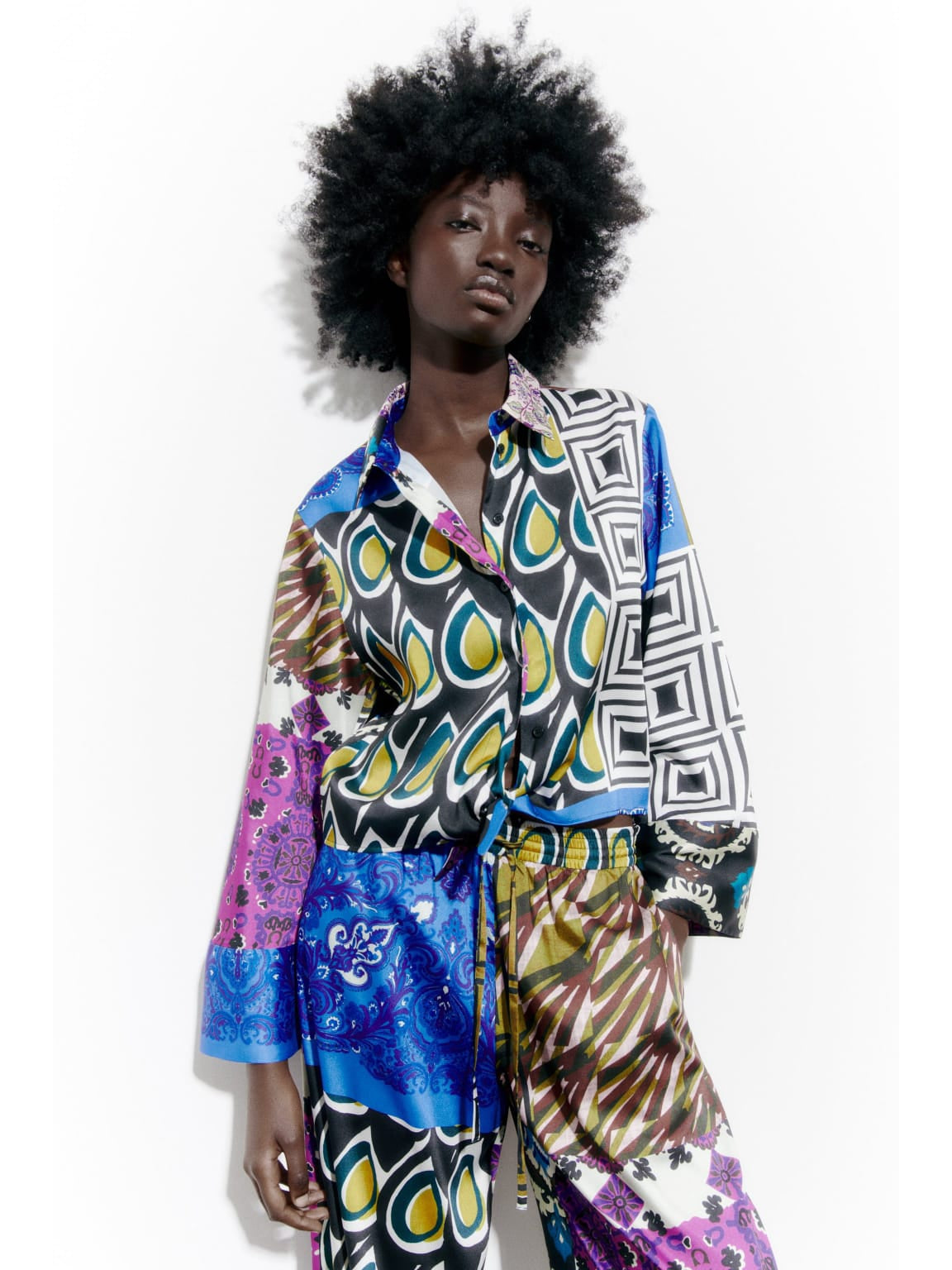 Abstract Print Short Shirt Top & Wide Leg Pants Coord Set