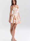 Floral Print Flare Short Irregular Neck Cinch Waist Dress