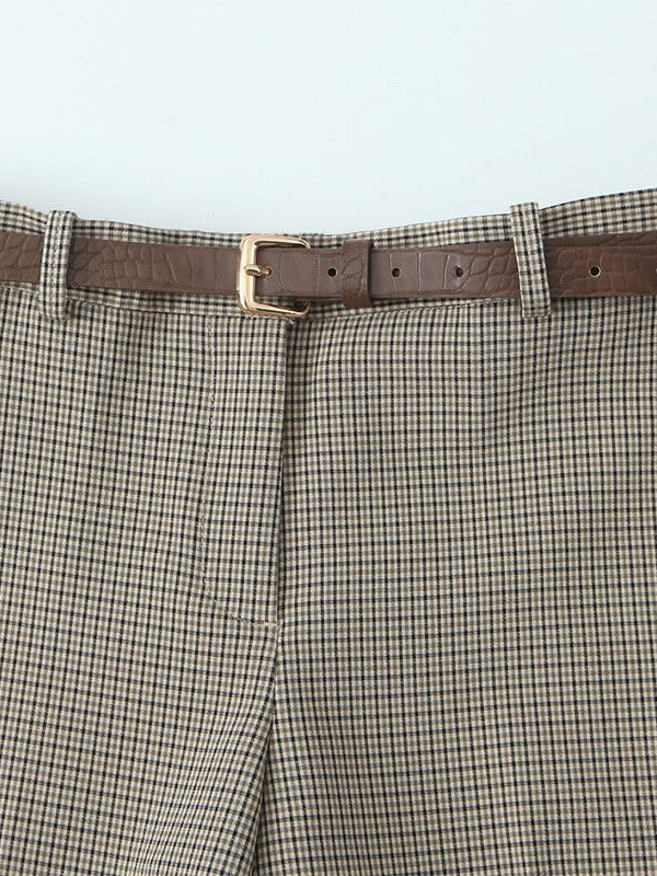 Gingham Print Vest Coat & Pant With Belt Coord Set