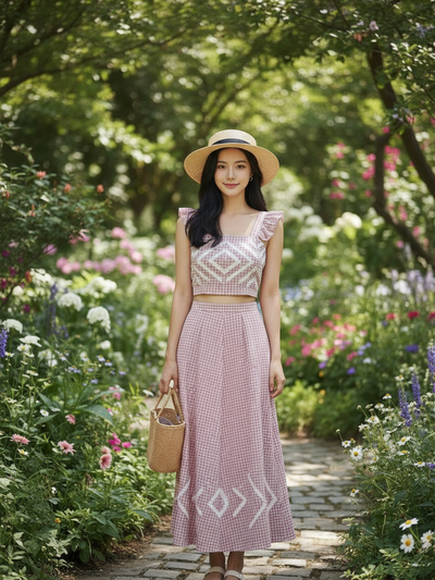 Plaid Ruffle Strap Cami Top & Skirt Coord Set