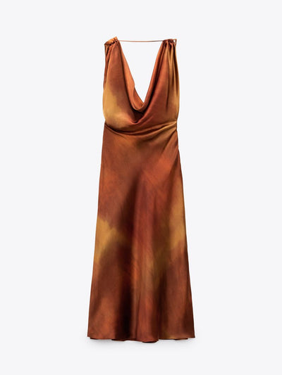 Cowl Deep Neck Printed Backless Satin Dress