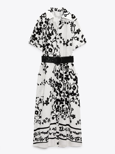 Printed Linen Blend Dress with Belt