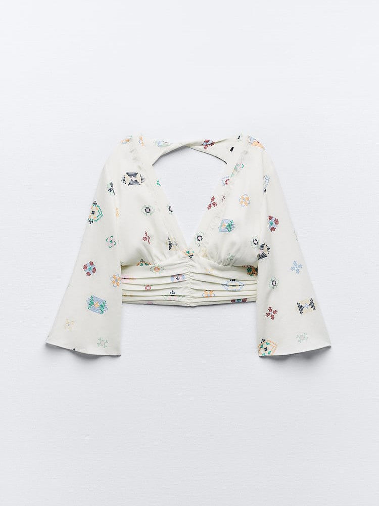 Floral Print V Neck Linen Blend Crop Top