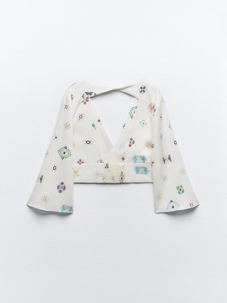 Floral Print V Neck Linen Blend Crop Top