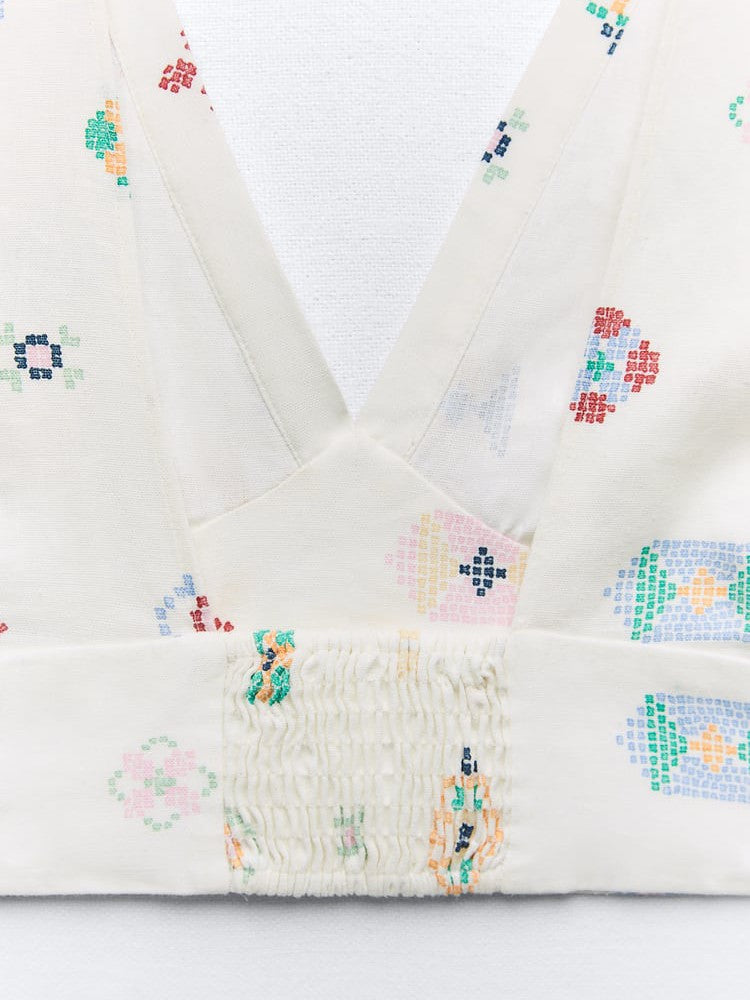 Floral Print V Neck Linen Blend Crop Top