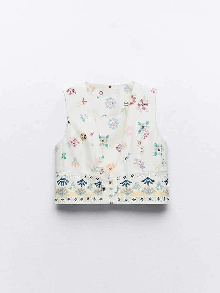 Printed Linen Blend Vest Waist Coat Top & Pants Coord Set