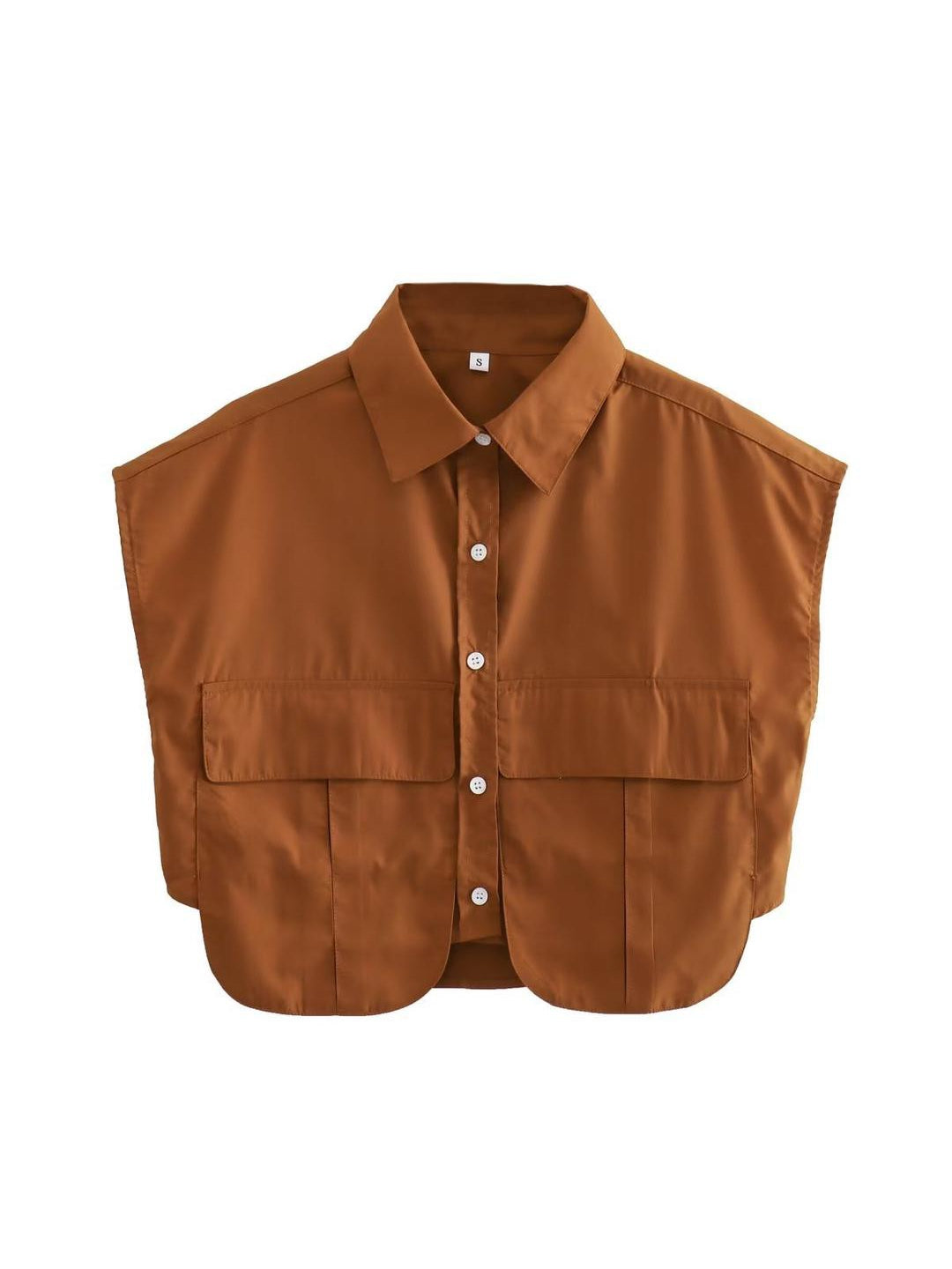 Rust-brown cotton crop shirt vest with a pointed collar, white buttons, and two front flap pockets.