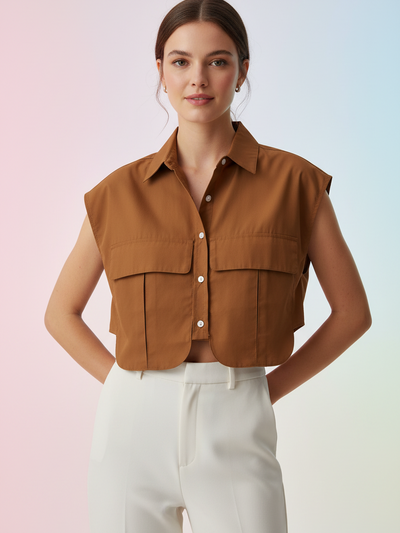 Cotton Crop Pockets Shirt Top, caramel brown, cropped button-down with front flap pockets