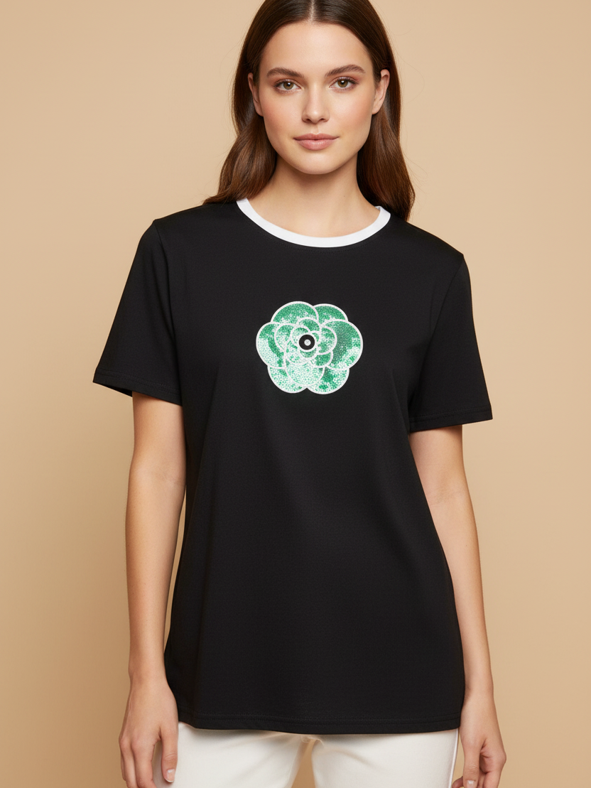 Print Cotton Lycra Flower CH T-Shirt by Branded, black short-sleeve top with green floral graphic.