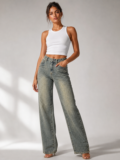 EXCLUSIVES Faded blue-green wide-leg denim studded pants on sale