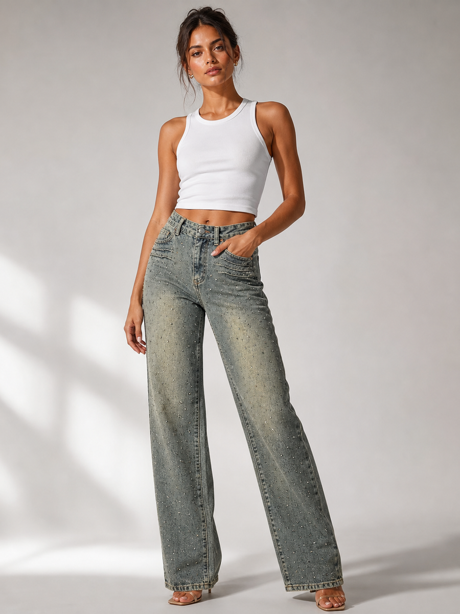 EXCLUSIVES Faded blue-green wide-leg denim studded pants on sale
