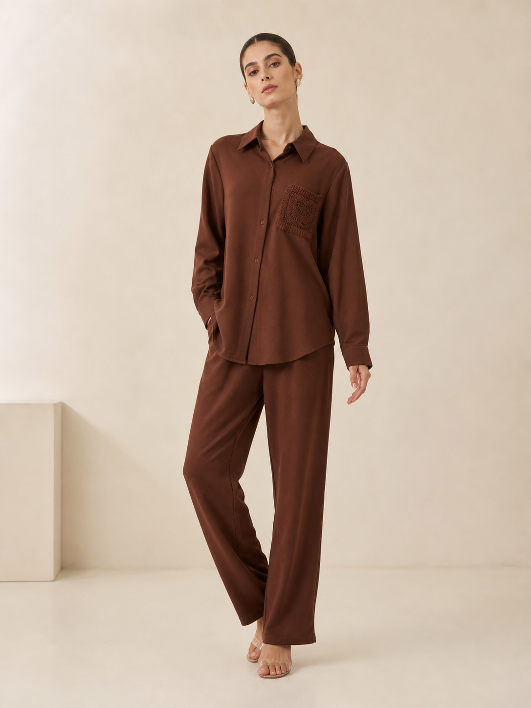 Embroidered Pocket Shirt & Pants Coord Set by EXCLUSIVES in chocolate brown; 2-piece lounge set.