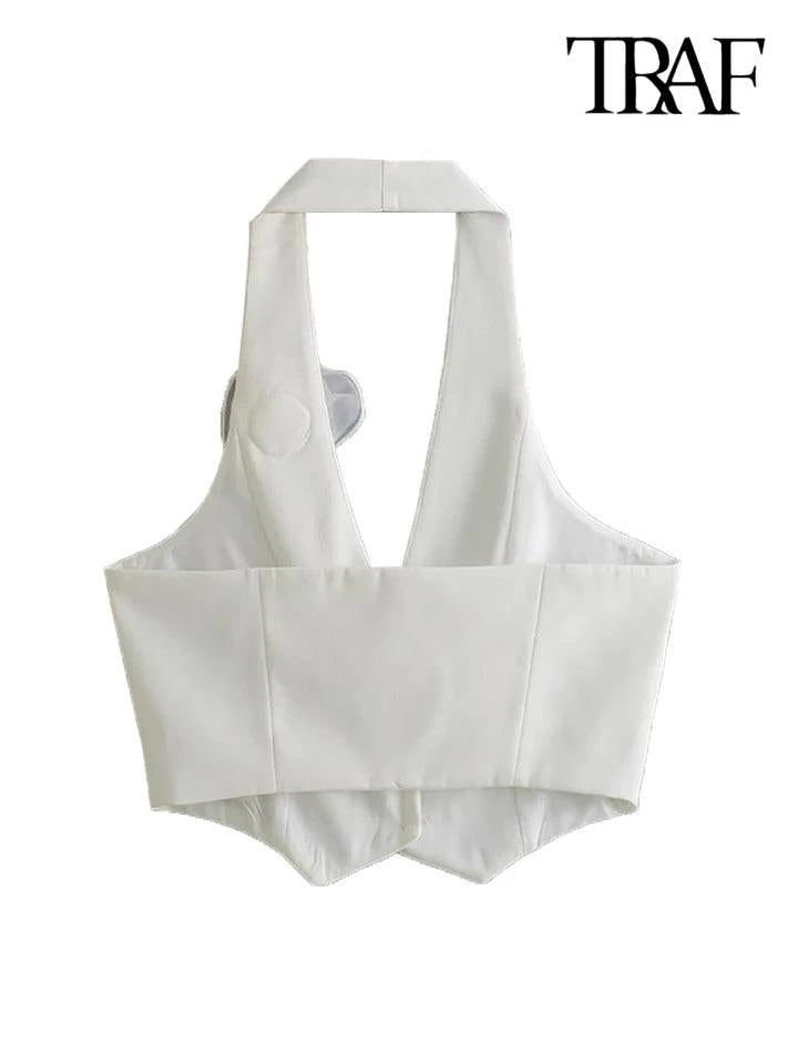 Red & White Halterneck Crop Waist Coat Vest & Skirt Coord Set