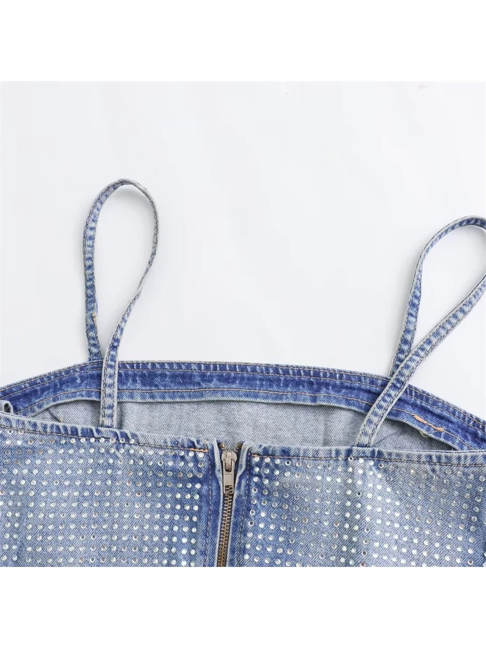 Spaghetti Strap Rhinestone Studded Denim Crop Top