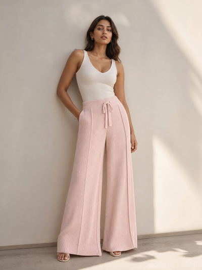 Wide Leg Knitted Stripe Pants by EXCLUSIVES, pink ribbed knit with drawstring waist