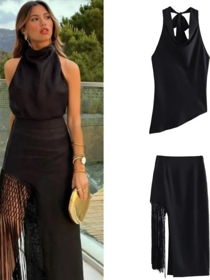 Halter Neck Cami Top & Tassel Skirt Coord Set