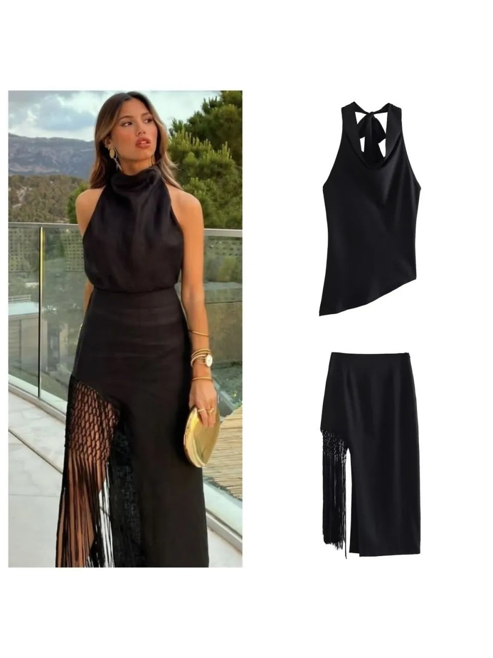 Halter Neck Cami Top & Tassel Skirt Coord Set