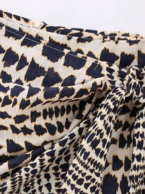 Tied Beaded Animal Print Wrap Short Skirt