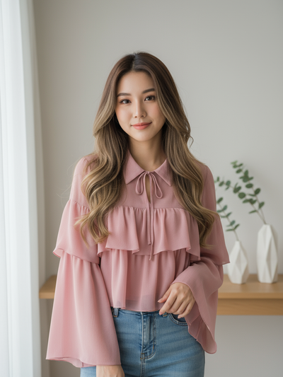 Drawstring Collar Ruffle Blouse Top