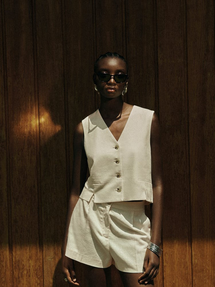 Linen Vest Waist Coat Top & Short Coord Set
