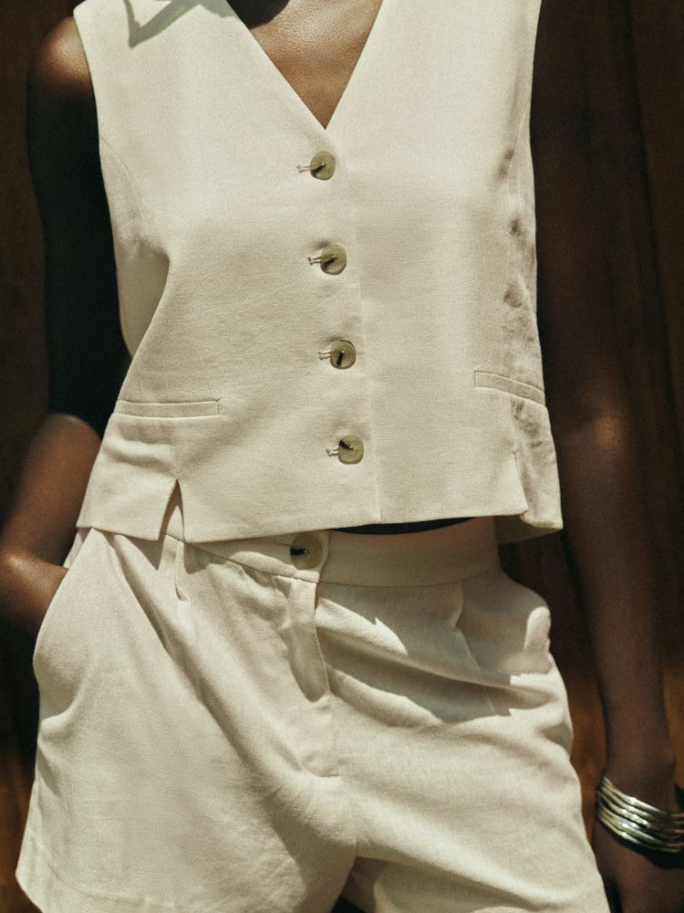 Linen Vest Waist Coat Top & Short Coord Set