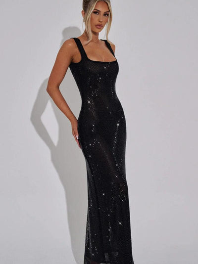 Spaghetti Strap Sequins Rhinestone Net Drill Suspenders Dress