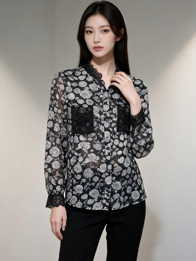 See Throught Printed Shirt with Lace Pockets by EXCLUSIVES, black sheer rose-patterned top with lace accents.