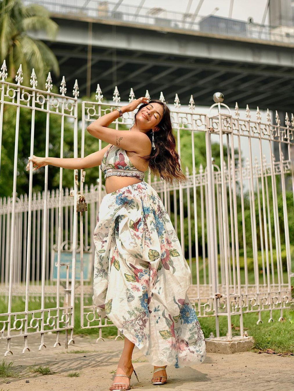 Floral Print Crystal Bralette & Ruffles Skirt Coord Set