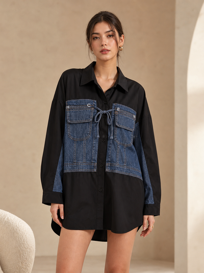 Denim Patch Cotton Shirt Dress in black with blue denim patches and front tie.