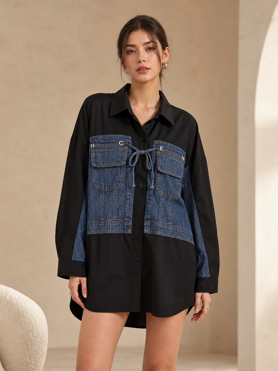 Denim Patch Cotton Shirt Dress in black with blue denim patches and front tie.