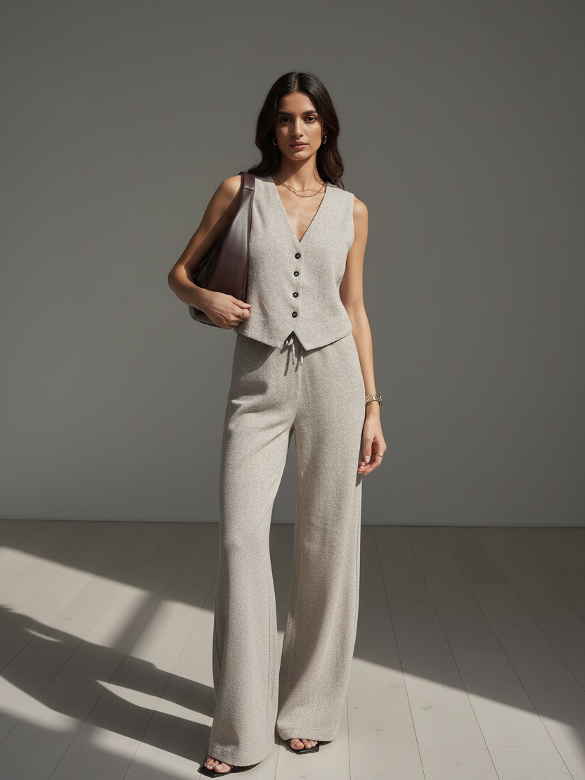 Knitted vest waistcoat and wide-leg pants coord set, two-piece, beige, EXCLUSIVES