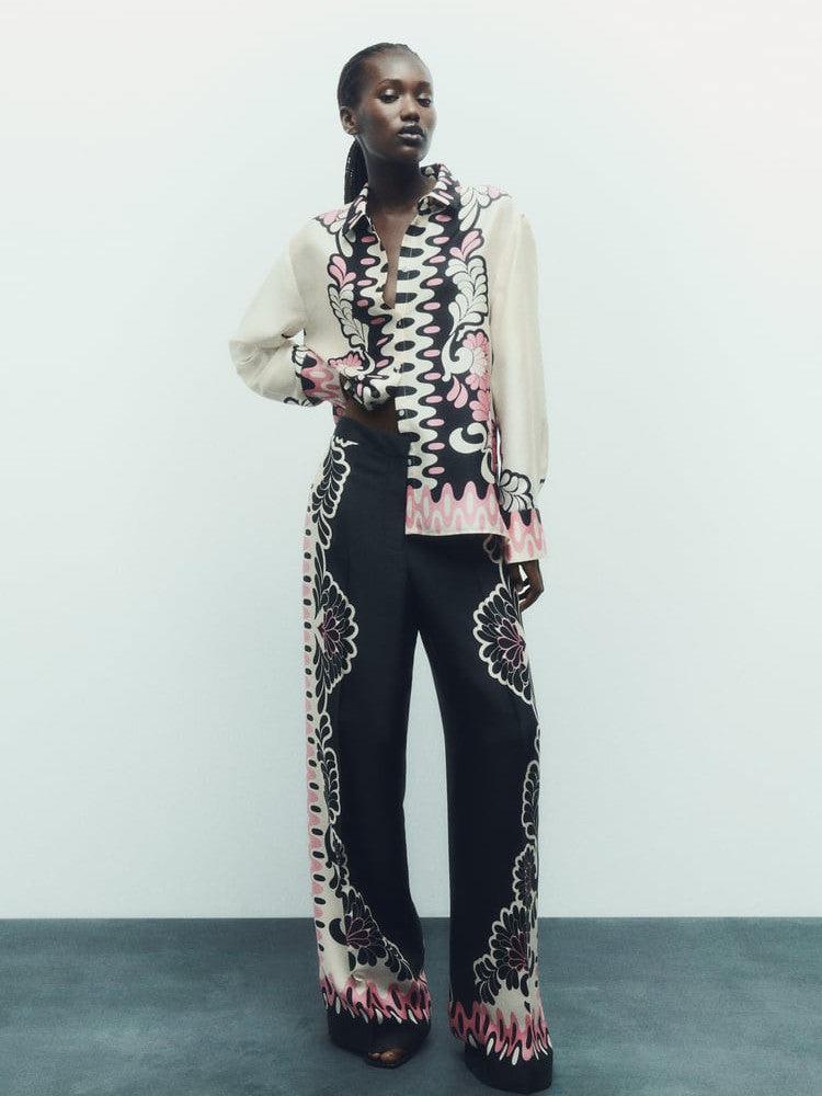 Vintage Floral Print Shirt & Wide Leg Pants Coord Set