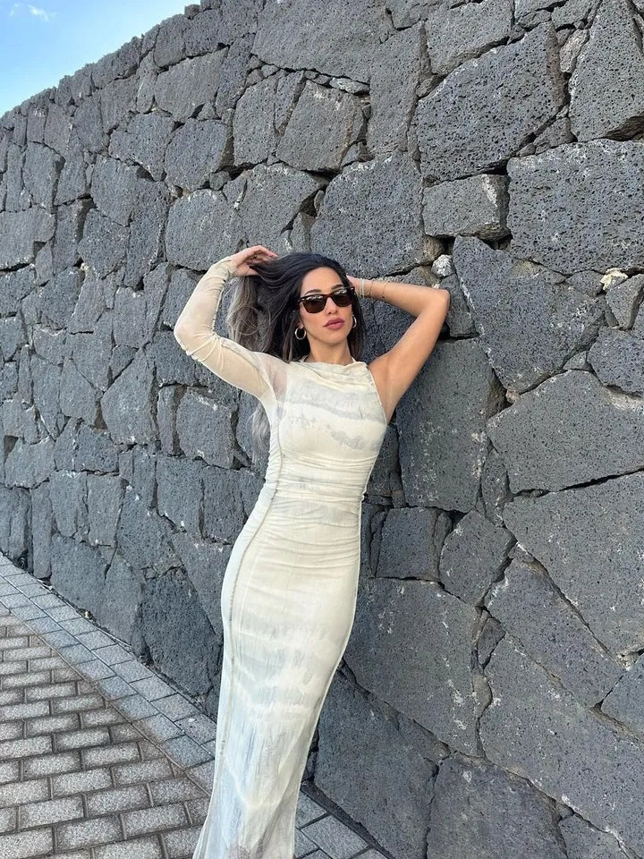 One Shoulder Ruched Mesh Tulle Dress