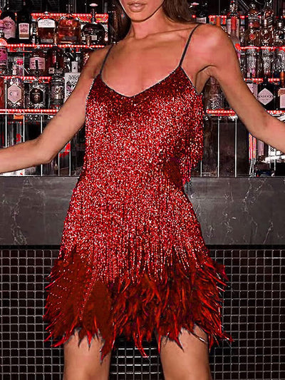 Red Tassel Sequins Feather Fur Dress