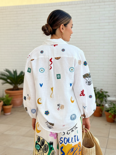 White Abstract Print Satin/ Linen Shirt & Pants Coord Set