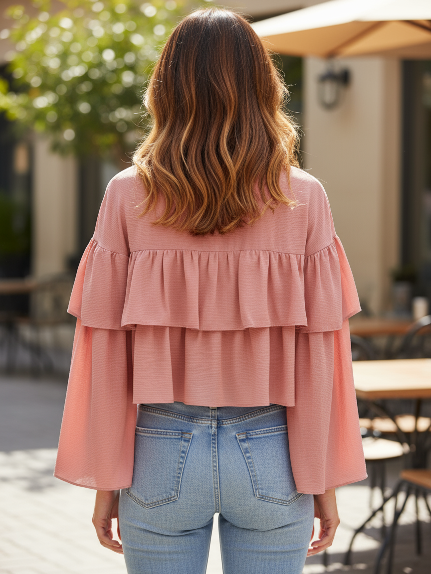 Drawstring Collar Ruffle Blouse Top