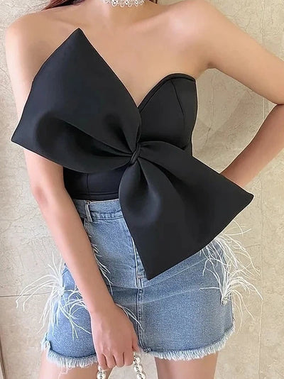 Black Bow Scuba Strapless Crop Top