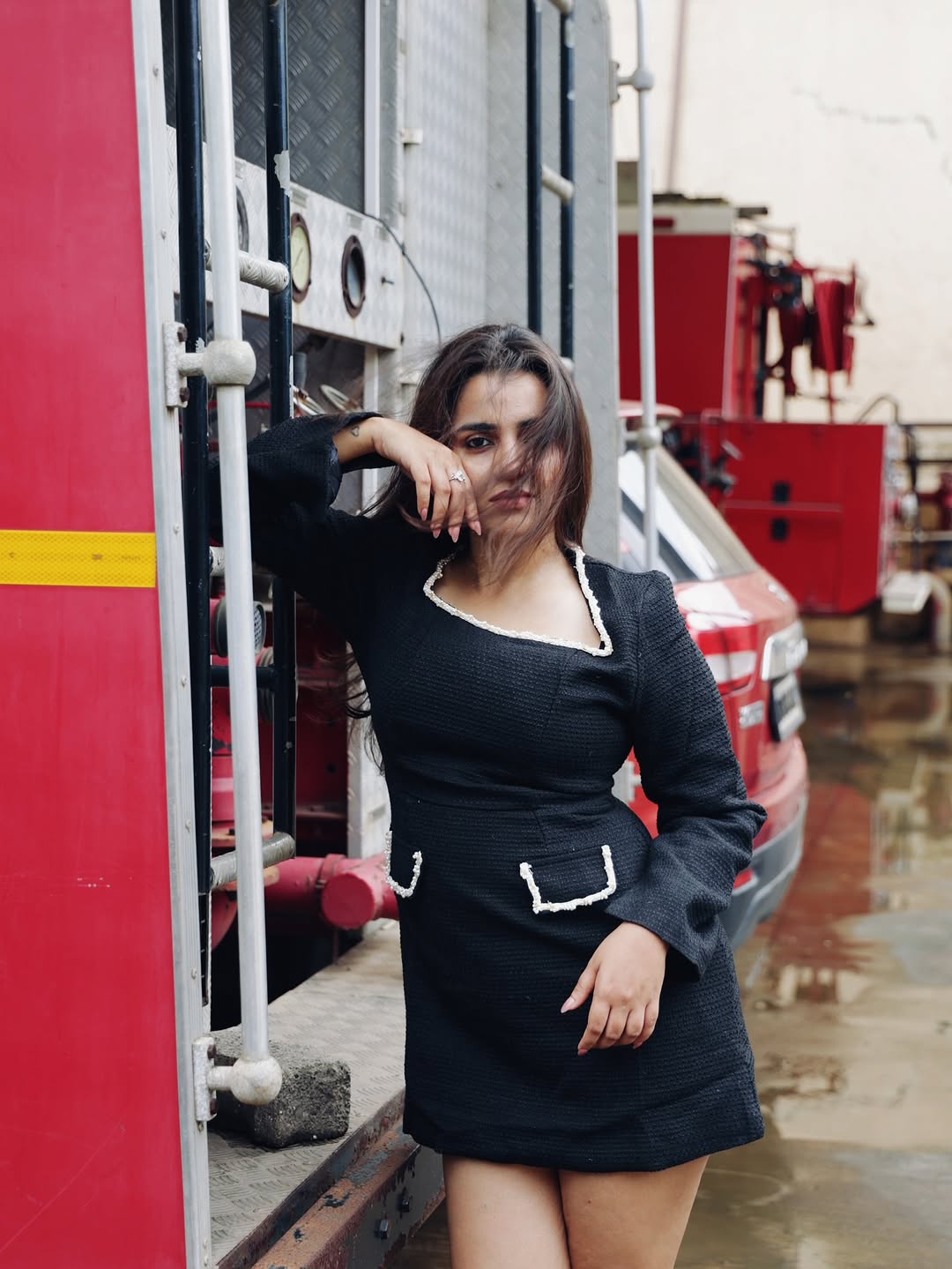 Tweed Full Sleeves Beaded Short Dress