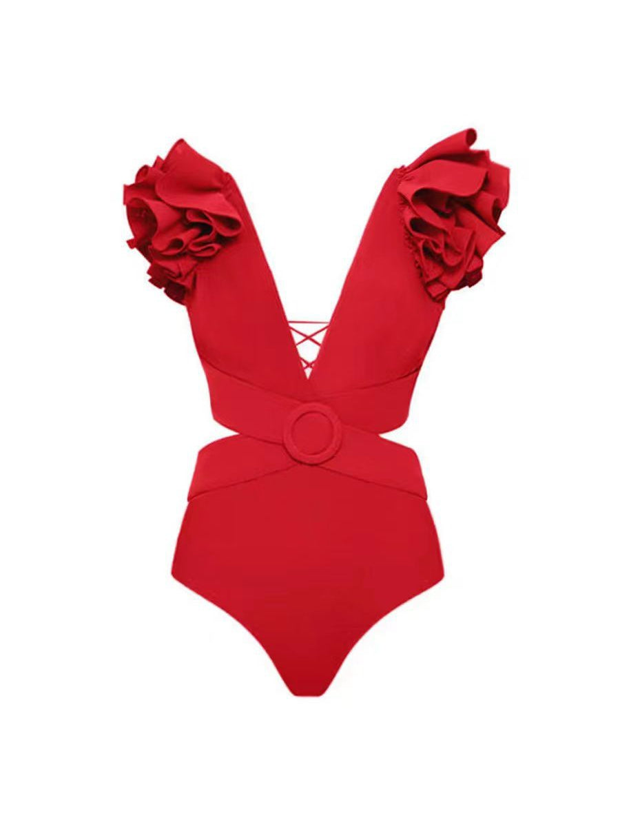 Red Ruffle Belted Bikini Swimsuit Bodysuit