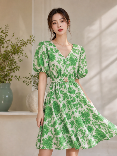 Floral A-line dress with belt, green leaf print, puff sleeves, V-neck, knee-length.