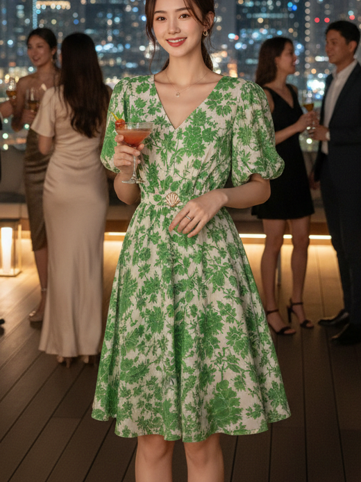 Floral A-line dress with belt, green leaf print, puff sleeves, V-neck, knee-length.