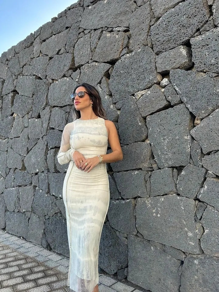 One Shoulder Ruched Mesh Tulle Dress