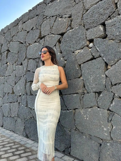 One Shoulder Ruched Mesh Tulle Dress