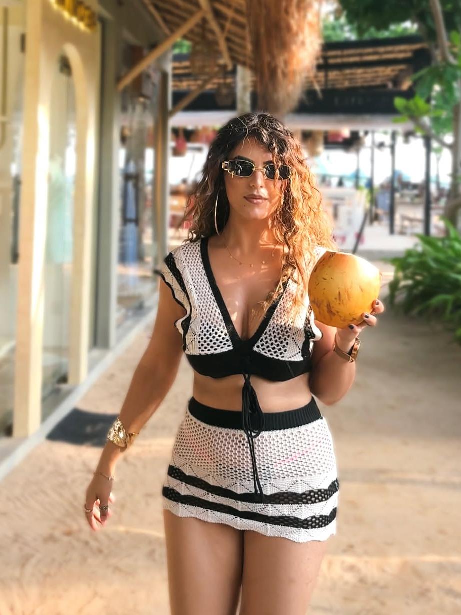 Monochrome Crochet Top & Short Skirt Coord Set