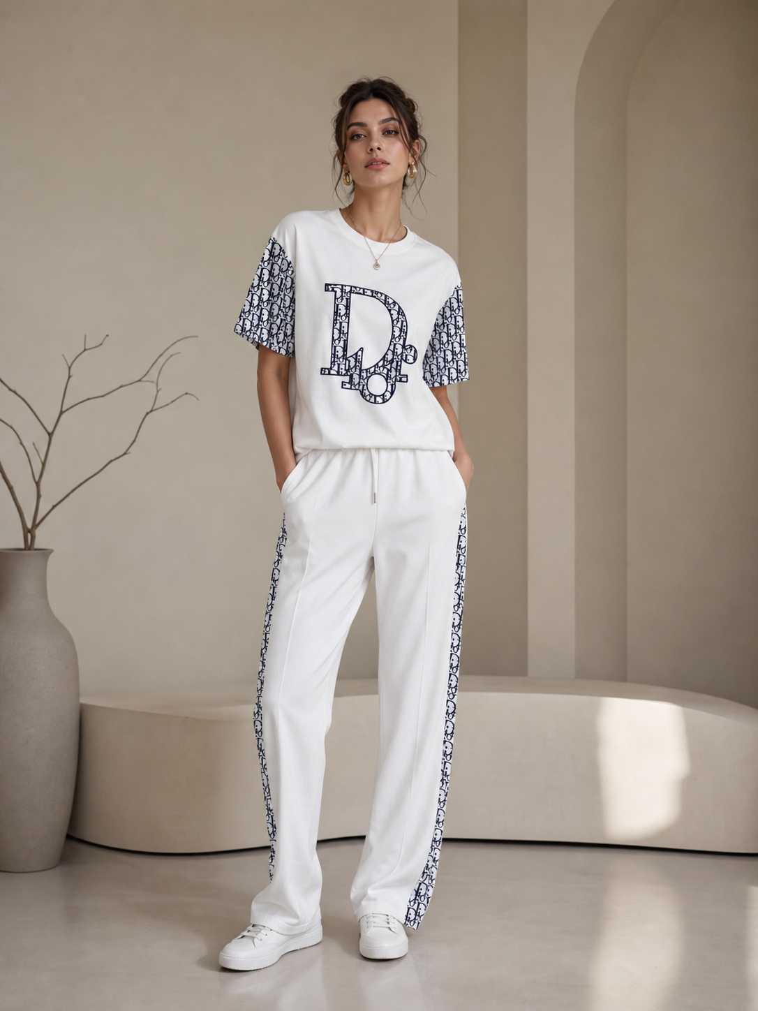 Print CD top and pants coord set, white two-piece with navy monogram sleeves and side-stripe pants