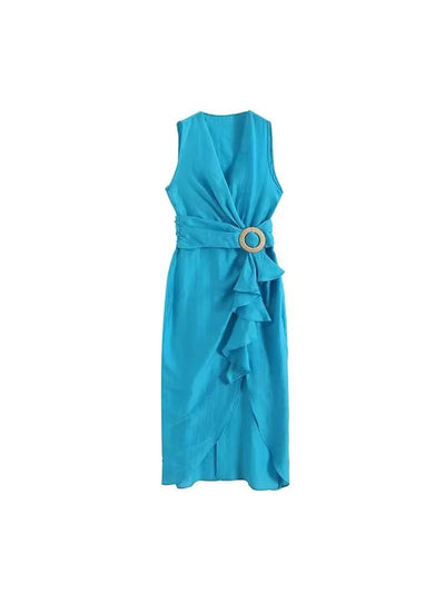Turquoise Blue Sleeveless Belt Dress
