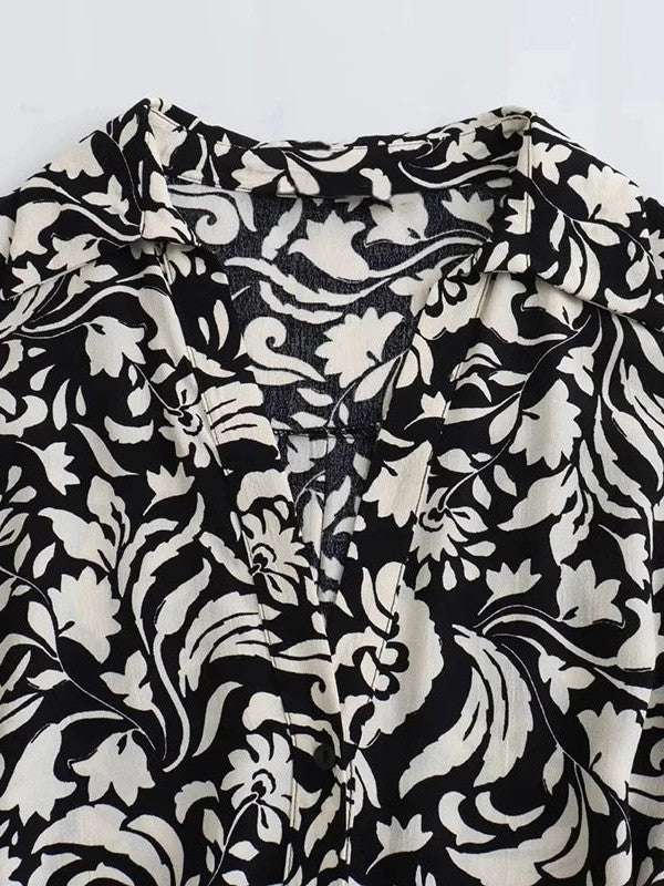 Black Porcelain Boho Print Maxi Dress with Belt